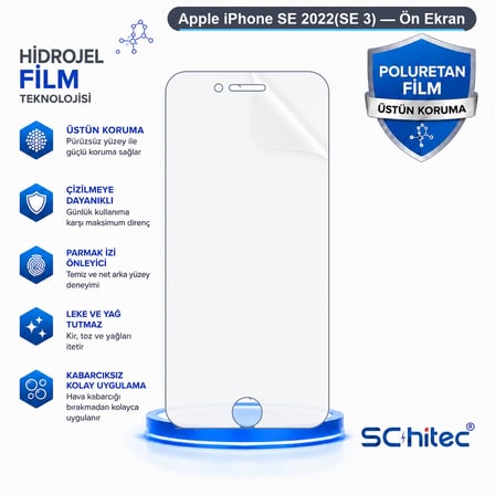 SChitec Apple iPhone SE 2022(SE 3) Uyumlu Ön Yüzey Nano Şeffaf Hidrojel Ekran Koruyucu