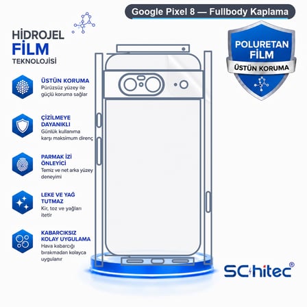SChitec Google Pixel 8 Uyumlu Fullbody Arka Kaplama Hidrojel Koruyucu Film