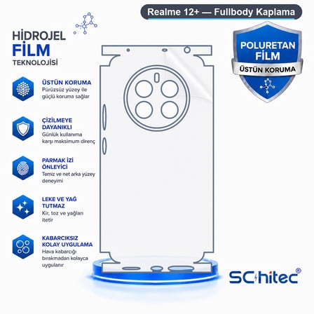 SChitec Realme 12+ Uyumlu Fullbody Arka Kaplama Hidrojel Koruyucu Film