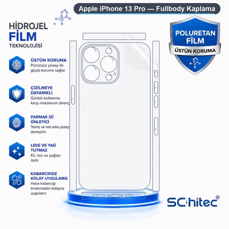 SChitec Apple iPhone 13 Pro Uyumlu Fullbody Arka Kaplama Hidrojel Koruyucu Film