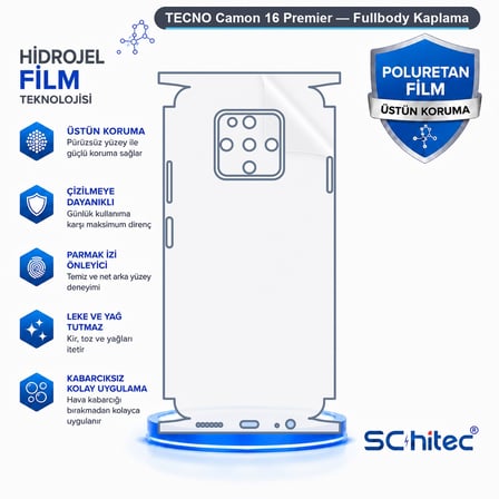 SChitec TECNO Camon 16 Premier Uyumlu Fullbody Arka Kaplama Hidrojel Koruyucu Film