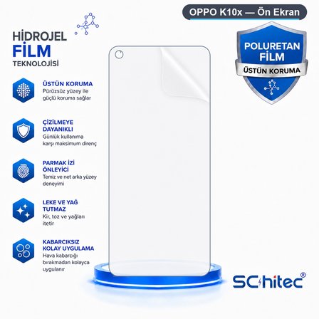 SChitec OPPO K10x Uyumlu Ön Yüzey Nano Şeffaf Hidrojel Ekran Koruyucu