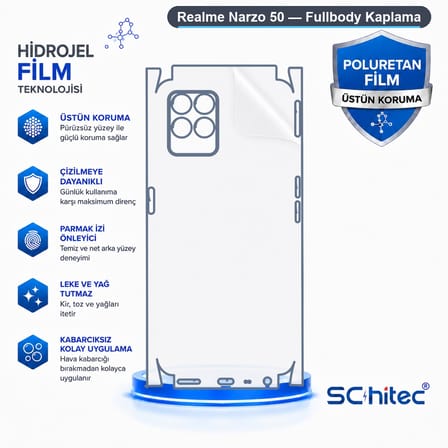 SChitec Realme Narzo 50 Uyumlu Fullbody Arka Kaplama Hidrojel Koruyucu Film