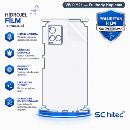 SChitec VIVO Y21 Uyumlu Fullbody Arka Kaplama Hidrojel Koruyucu Film