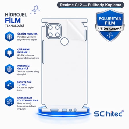 SChitec Realme C12 Uyumlu Fullbody Arka Kaplama Hidrojel Koruyucu Film