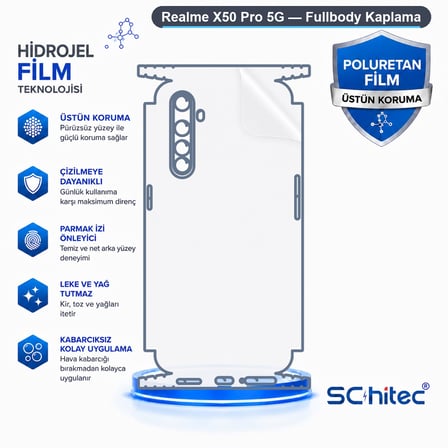 SChitec Realme X50 Pro 5G Uyumlu Fullbody Arka Kaplama Hidrojel Koruyucu Film