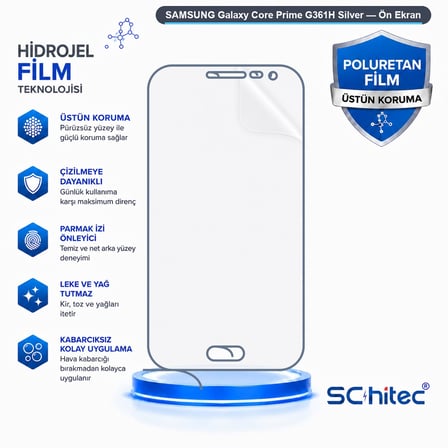 SChitec SAMSUNG Galaxy Core Prime G361H Silver Uyumlu Ön Yüzey Nano Şeffaf Hidrojel Ekran Koruyucu