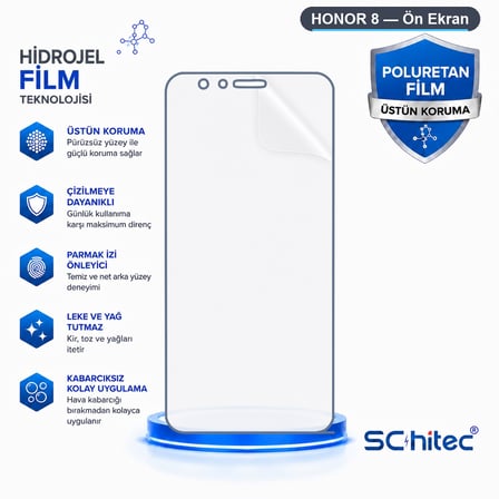 SChitec HONOR 8 Uyumlu Ön Yüzey Nano Şeffaf Hidrojel Ekran Koruyucu