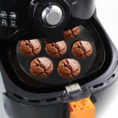 BUFFER® Silikon Fırın Ve Airfryer Yuvarlak Model Pişirme Matı Siyah Ve Airfry 7 Gözlü Cupcake Kabı