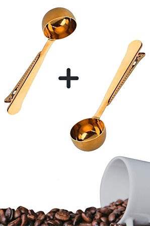® 2 Adet Mandallı Kahve Ölçü Kaşığı Gold Çok Fonksiyonlu Paslanmaz Çelik Kaşık