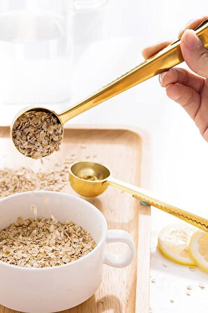 ® 2 Adet Mandallı Kahve Ölçü Kaşığı Gold Çok Fonksiyonlu Paslanmaz Çelik Kaşık