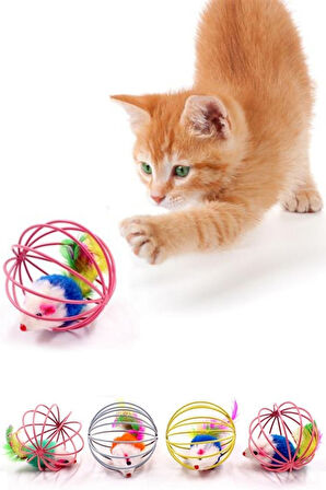 2 Adet Metal Kafesli Pelüş Fareli Kedi Köpek Oyuncağı Oyun Topu 6 cm