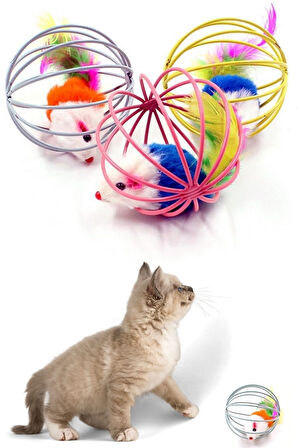 2 Adet Metal Kafesli Pelüş Fareli Kedi Köpek Oyuncağı Oyun Topu 6 cm