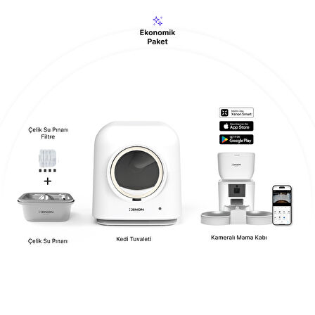 Xenon Smart Akıllı Otomatik Kedi Tuvaleti Çift Hazneli Mama Kabı Ultra Sessiz Çelik Su Pınarı ve Yedek Filtre Pet Seti