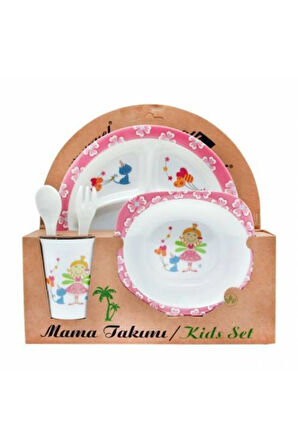 Prenses Melamin Bebek Mama Yemek Tabağı Kabı Bardak Kaşık 5li Set