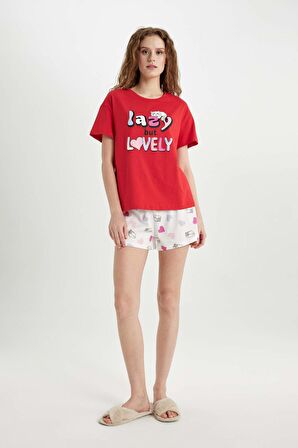 DeFacto Fall in Love Pijama Takımı Regular Fit Baskılı Kısa Kollu Üst Şort C0770AX24SMER105