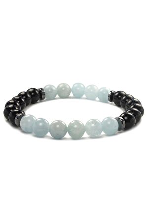 Aquamarin- Obsidyen Doğal Taş Bileklik 8 Mm