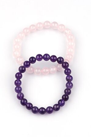 Ametist - Pembe Kuvars Doğal Taş Bileklik 8 mm 2'li Set