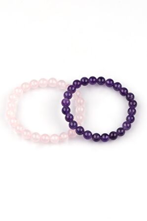 Ametist - Pembe Kuvars Doğal Taş Bileklik 8 mm 2'li Set
