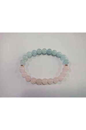 Pembe Kuvars & Akuamarin Doğal Taş Bileklik 8mm