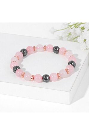 Pembe Kuvars Hematit Doğal Taş Bileklik 8mm
