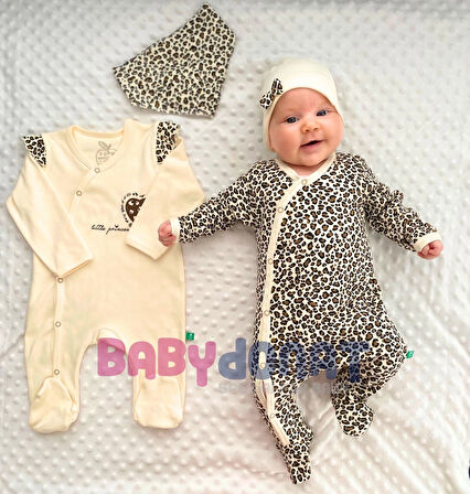 Açık Kahve Leopar Desenli Kız Bebek 4'lü Tulum Seti