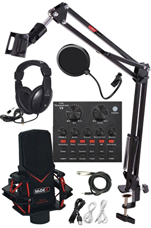 Midex GMX-1 Record Head Set Condenser Mikrofon Kulaklık Ses Kartı Canlı Yayın Paketi (Telefon ve PC)