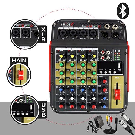 Midex MDX-04FXU Ses Mikseri Stüdyo Kayıt İçin 5 Kanal Ses Kartlı +48V Phantomlu Kayıt Mikseri