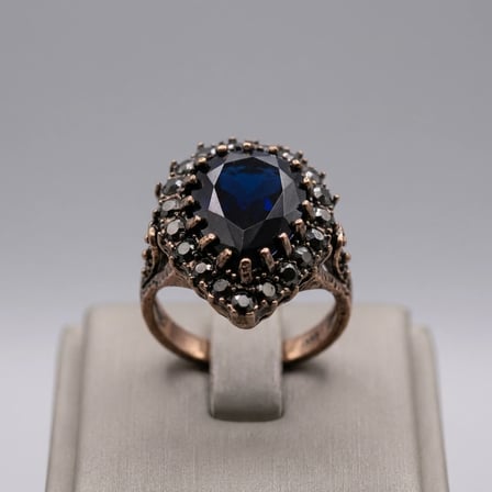 Bronz Takı Lacivert Kristal Damla Hürrem Model Ayarlanabilir Antik Vintage Kadın Yüzük
