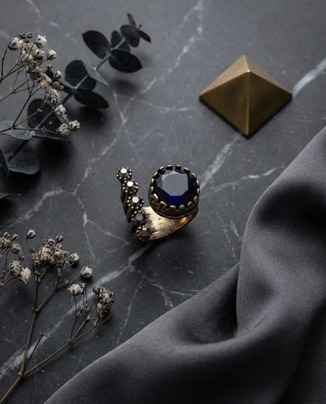 Bronz Takı Lacivert Kristal Önden Ayarlanabilir Yuvarlak Kesim Antik Vintage Kadın Yüzük