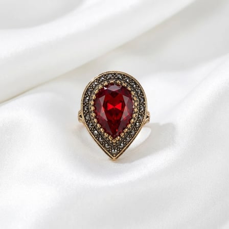 Bronz Takı Otantik Kırmızı Kristal Taş Damla Hürrem Model Ayarlanabilir Vintage Kadın Yüzük