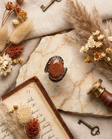 Bronz Takı Otantik Kahverengi Yıldız Taşlı Oval Kesim S Model Ayarlanabilir Vintage Kadın Yüzük