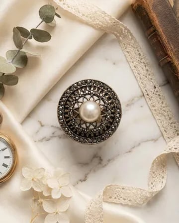 Bronz Takı Otantik İncili Yuvarlak Model Ayarlanabilir Vintage Kadın Yüzük