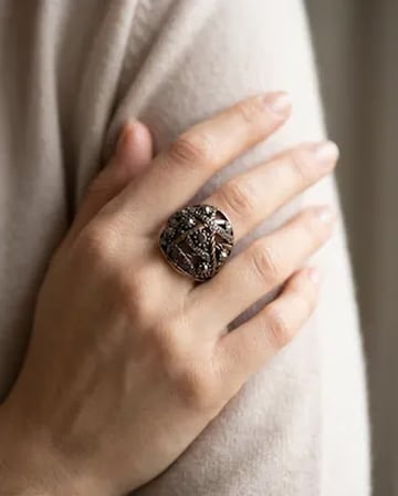 Bronz Takı Otantik Markazit Taşlı Kafes Model Bombeli Ayarlanabilir Vintage Kadın Yüzük