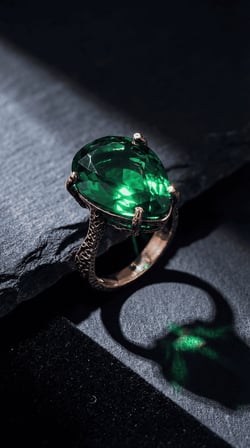 Bronz Takı Otantik Yeşil Zümrüt Kristal Taşı Damla Kesim Vintage Kadın Yüzük