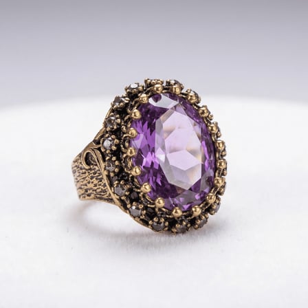Bronz Takı Otantik Mor Renk Kristal Taşlı Oval Kesim Sultans Model Vintage Kadın Yüzük