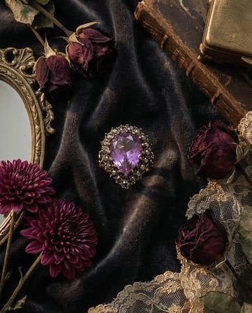 Bronz Takı Otantik Mor Renk Kristal Taşlı Damla Kesim Hürrem Model Vintage Kadın Yüzük
