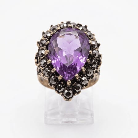 Bronz Takı Otantik Mor Renk Kristal Taşlı Damla Kesim Hürrem Model Vintage Kadın Yüzük