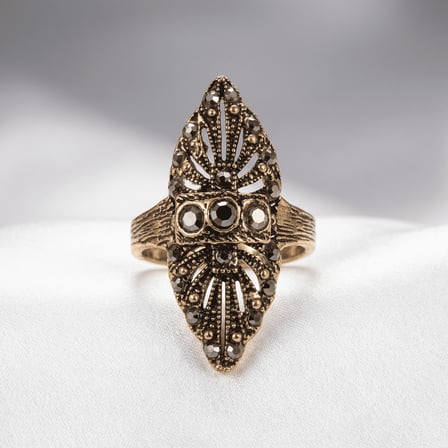 Bronz Takı Otantik Antrasit Renk Markazit Taşı Badem Model Ayarlanabilir Vintage Kadın Yüzük