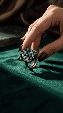 Bronz Takı Otantik Turkuaz Taşı Kare Model Ayarlanabilir Vintage Kadın Yüzük