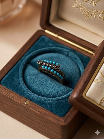 Bronz Takı Otantik Turkuaz ve Markazit Taşı Şerit Model Vintage Kadın Yüzük