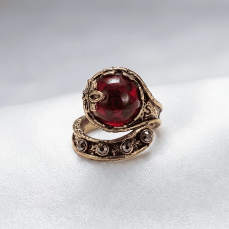 Bronz Takı Otantik Kırmızı Yakut Kesim Kristal Taşlı Sarmaşık Model Önden Ayarlanabilir Vintage Kadın Yüzük