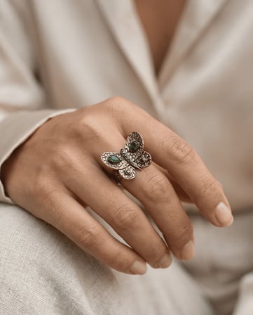 Bronz Takı Otantik Markazit Taşlı Kelebek Model Ayarlanabilir Vintage Kadın Yüzük