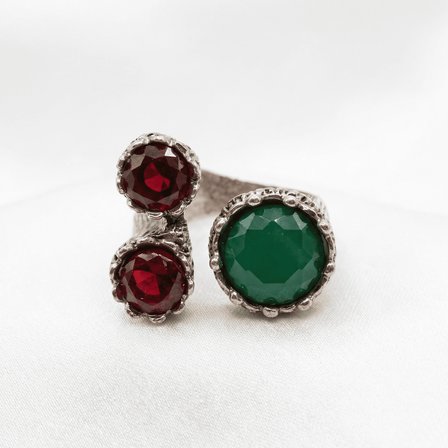 Bronz Takı Otantik Yeşil ve Kırmızı Kristal Taşlı 3lü Yuvarlak Model Önden Ayarlanabilir Vintage Kadın Yüzük