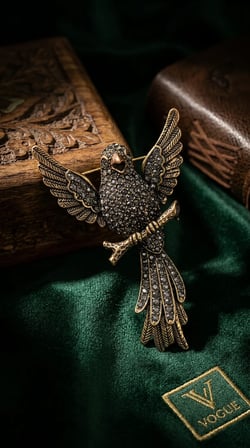 Bronz Broş Yakalık Zirkon Taş İşlemeli Anka Kuşu Vintage Kadın Takı