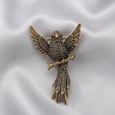 Bronz Broş Yakalık Zirkon Taş İşlemeli Anka Kuşu Vintage Kadın Takı
