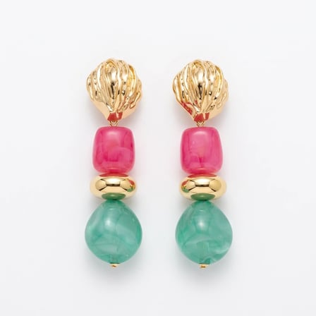 Pirinç Kadın Küpe Gold Detaylı Pembe Su Yeşili Sallantılı Vintage Kadın Küpe