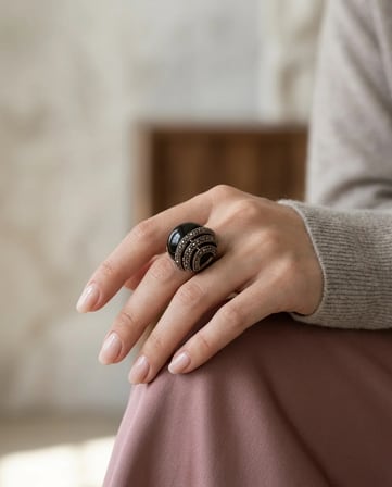 Bronz Kadın Yüzük Antik Takı Margazit Taşı İşlemeli Siyah Yuvarlak Taş Ayarlanabilir Vintage Yüzük