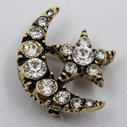 Bronz Broş Rozet Otantik Takı Kristal Taşlı Ay Yıldız Model Vintage Kadın Broş Yaka İğnesi