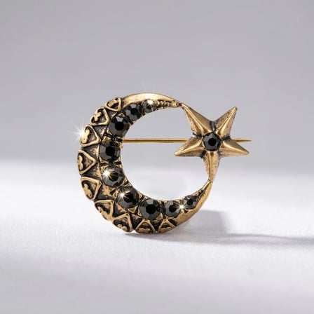 Bronz Broş Rozet Otantik Takı Margazit Taşlı Ay Yıldız Model Vintage Kadın Broş Yaka İğnesi